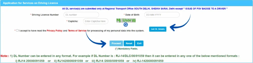 Application for Services on Driving Licence